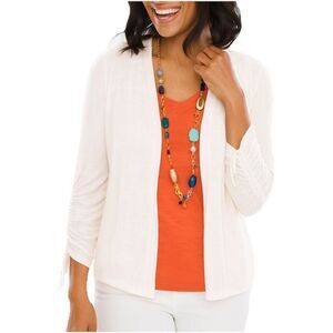 Chico's 1 White Open Cardigan Women’s Medium Ruched 3/4 Sleeve Sheer Light